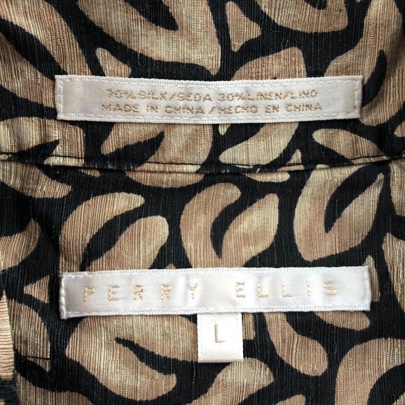 Perry Ellis Men Shirt Large Short Sleeve Silk Linen Button Up Leaf Print Tan Y2K - Picture 7 of 11